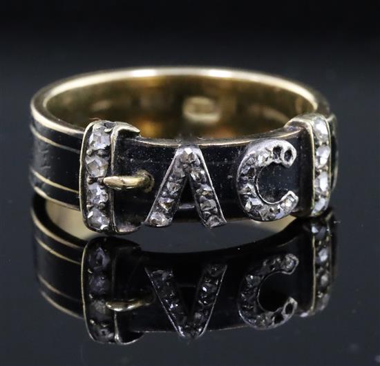 A Victorian gold, black enamel and rose cut diamond set mourning ring, size N.
